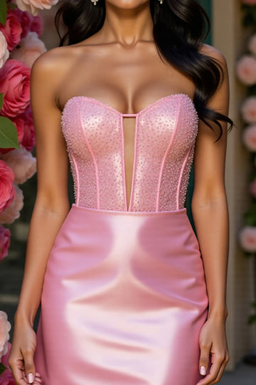 Pink Strapless Satin Corset Homecoming Dress